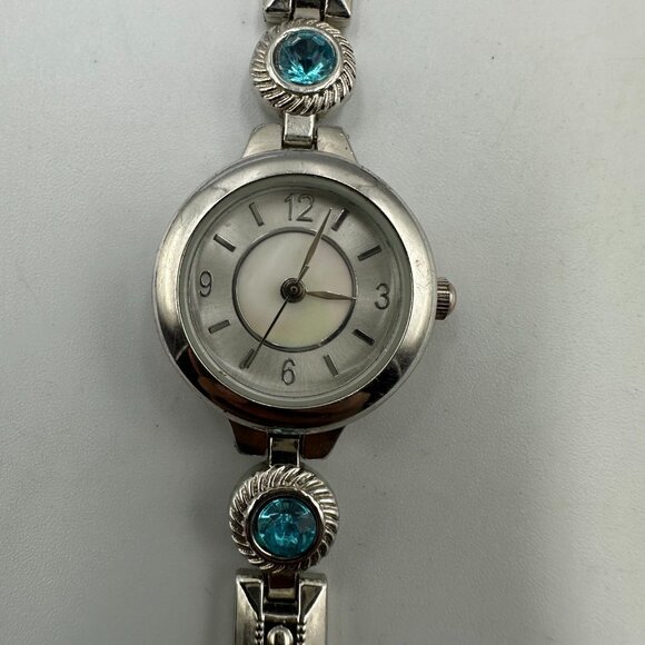 Rhinestone Band Watch Women Silver Blue Mother of Pearl Dial New Battery - Picture 1 of 15